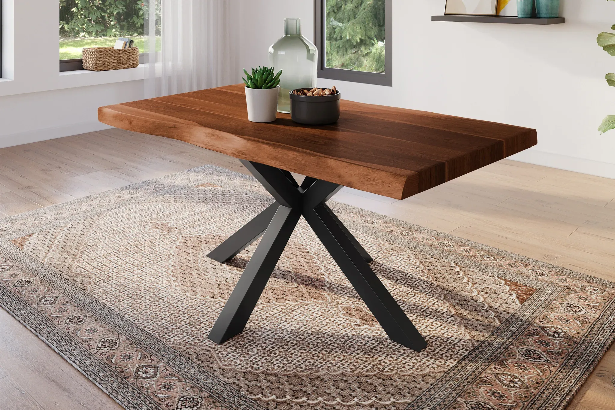 Esstisch 160 x 85 cm Akazie massiv nussbaum Baumkantentisch Spider-Gestell schwarz ATLAS