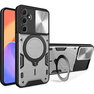 Handyhülle für Samsung Galaxy M35 Dual-Layer Stoßfest Rüstung Hülle mit Dia Kameraschutz und Kreisförmig Ring Ständer Silber - Silber