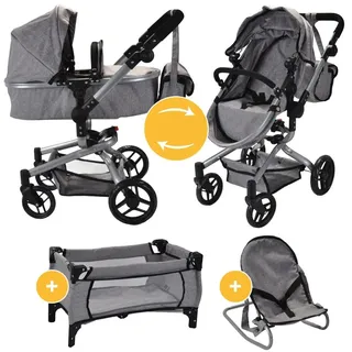 Bandits and Angels Modern Angel 4-in-1 Grey Megapack Puppenwagen ab 3 Jahren für Mädchen – Spielzeug-Kinderwagen, Buggy, Puppenbett und Wippe – Rollen – mit Wickeltasche – Grauer Puppenwagen