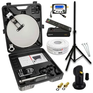 PremiumX Mobile Camping SAT Anlage Satellitenschüssel TV Receiver Satelliten-Finder Single LNB 10m Kabel Koffer Camp Stativ