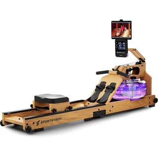 Sportstech Rudergerät WRX1000 hellbraun, App-kompatibel, mit Wassertank, mit LED-Beleuchtung, 3-1 Widerstandsystem, mit LCD Display, mit Tablet-Halturung