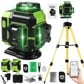 4D Laser-Nivelliergerät 16 Linien, 360° drehbare Basis, grüner Kreuzlinienlaser, inkl. App-Steuerung, 2x3600mAh Akkus, Stativ & IP54 Schutz