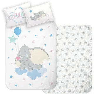 Disney Home Dumbo Babybettwäsche Set 100x135cm - Kopfkissenbezug 40x60cm - Wende Motiv - Kinderbettwäsche - Super weiche Renforce 100% Baumwolle, 2-teilig Dumbo, ÖkoTex Standard 100