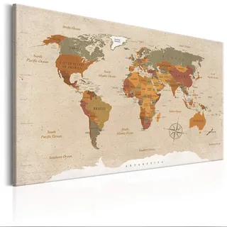 decomonkey | Weltkarte Pinnwand 120x80 cm Leinwand | Bilder Leinwandbilder Fertig aufgespannt auf dicker 10mm Holzfasertafel Aufhängfertig Auch als Korktafel nutzbar XXL Format Landkarte