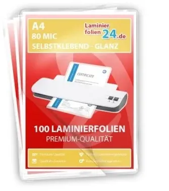 selbstklebende Laminierfolien A4, 2 x 80 Mic, glänzend