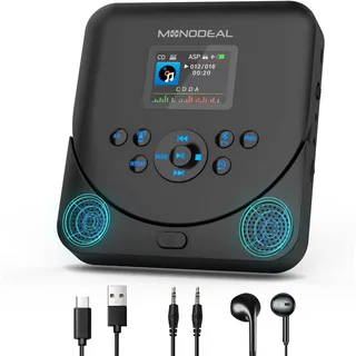 CD Player Tragbar mit TFT Display, 2025 MONODEAL Tragbarer CD Player Bluetooth, Wiederaufladbar CD Player mit Lautsprecher und FM Transmitter, Discman CD Player für Auto, Anti-Skip und TF Karte unters