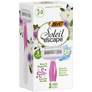 BIC Soleil Escape 5-Klingen-Einweg-Rasierer Damen mit Rose & Magnolie, Feuchtigkeitsstreifen mit Mandelöl – 3er Box