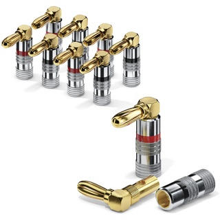 conecto Bananenstecker für Lautsprecherkabel, 8er-Set, 90 degree gewinkelter Stecker, vergoldet mit Farbcodierung (4x rot, 4x schwarz), 24kt vergoldet, rot/schwarz