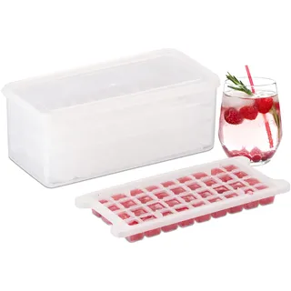 Relaxdays Eiswürfelform Set, 4 Eiswürfelschalen, BPA-frei, Behälter und Deckel, 144 Eiswürfel, Kunststoff, transparent
