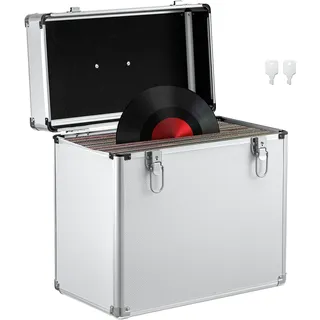 Youyijia Plattenkoffer Schallplattenkoffer LP-Koffer 12 Zoll 50 LP Vinyl Record Schallplatten Aufbewahrungsbox Tragbarer Abschließbarer Vinyl Koffer (Silber 12 Zoll)