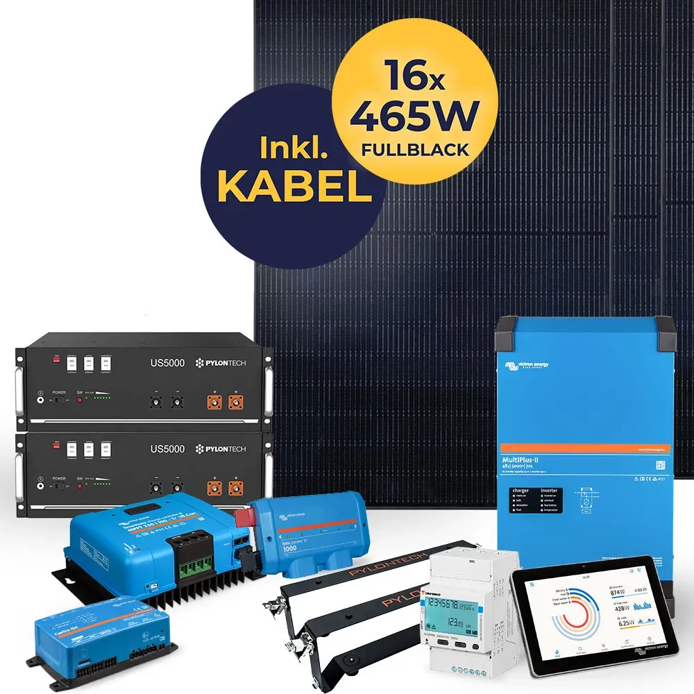 7,36 kW Photovoltaikanlage mit Speicher 9,6 kWh | HUSATECH SunnyHome M | 1-phasig mit Victron MultiPlus II 48/5000/70-50 + MPPT 250/100 + Pylontech US5000