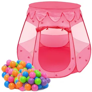 LittleTom Mädchen Bällebad Zelt 200 Baby Bälle Kinderzelt Spielzelt 120x120x90cm Rosa