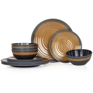 Moritz Geschirr-Set Camping Geschirr Stone Curry, Melamin, 12 tlg, Geschirrset Campinggeschirr Picknick Geschirr Bootsgeschirr gelb|weiß