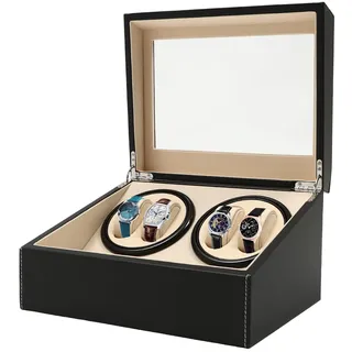 Queeucaer Automatisch Uhrenbeweger Uhrenbox Uhrenkasten Watchwinder Box für 4+6 Automatik Drehung Leder Holz Uhrenbeweger Aufbewahrungsvitrine Vitrine Schwarz