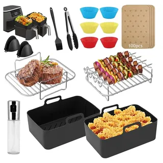 BlingBin Küchenmaschinen Zubehör-Set 9/10/11-teiliges Heißluftfritteusen-Zubehör für Ninja AF300EU, AF400EU, Zubehör für Ninja Foodi AF400EU AF300EU Double Stack XL SL400EU 9.5L, 7,6L-9,5L, Air Fryer Accessories, mit Heißluftfritteusen-Einsatz, Luftfritteusen-Gestelle, Kuchenform schwarz|silberfarben