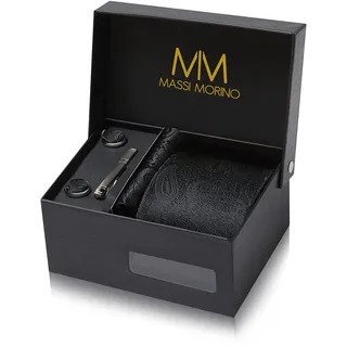 MASSI MORINO Krawatte Paisley Schwarz mit Einstecktuch Set Herren inkl. Manschettenknöpfe, Krawattennadel und Geschenkbox - Männer Krawattenset - Einheitsgröße