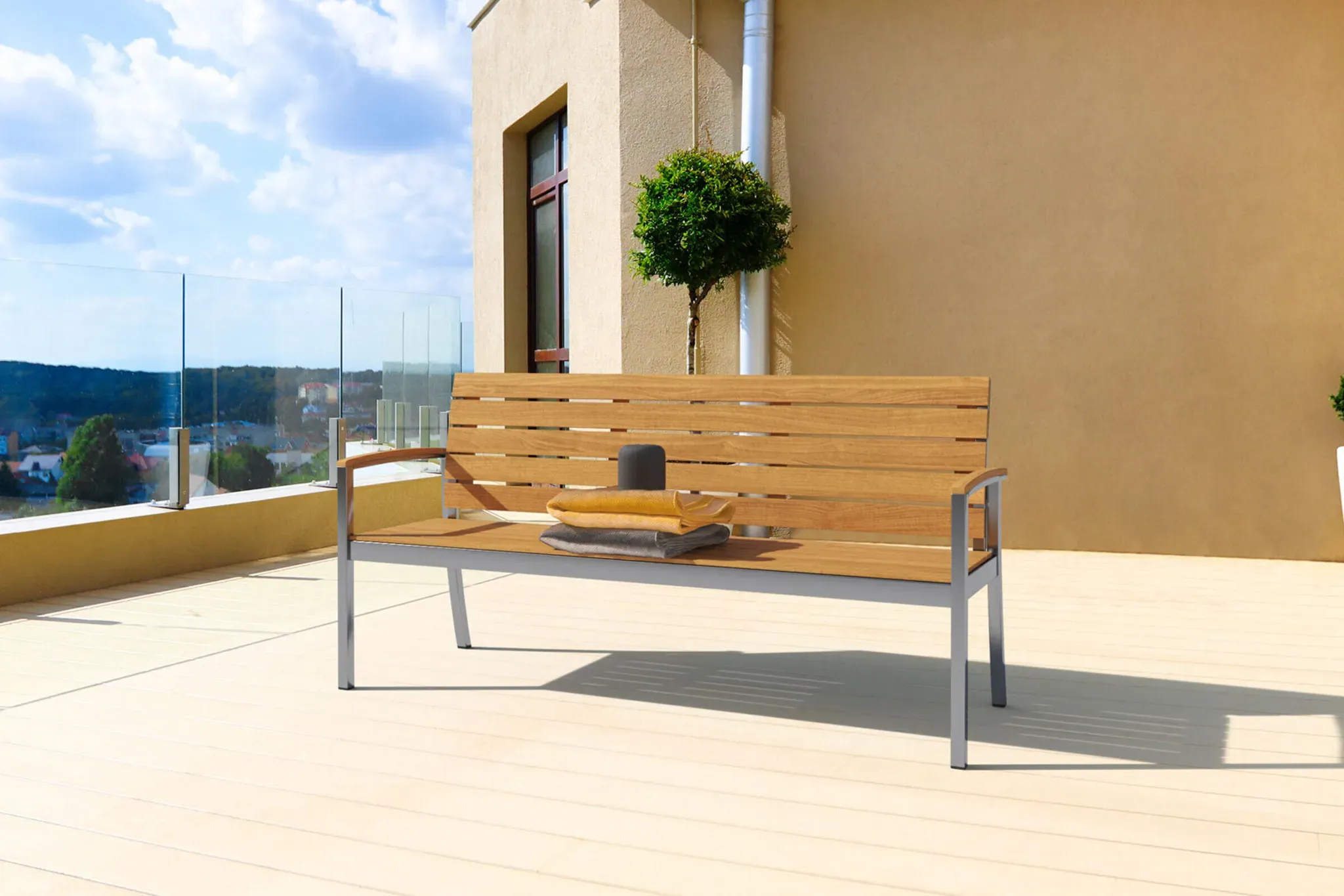 OUTFLEXX Gartenbank, Teakholz/Edelstahl, 3-Sitzer, 160x55x80cm, FSC®-zertifiziertes Produkt