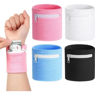HAGOT 4PCS Reißverschluss Handgelenk Beutel, Sport Turnhalle Basketball Armbänder, Saugfähige Handgelenk Schweißbänder, mit Reißverschluss Tasche, für Handball Fußball Tennis