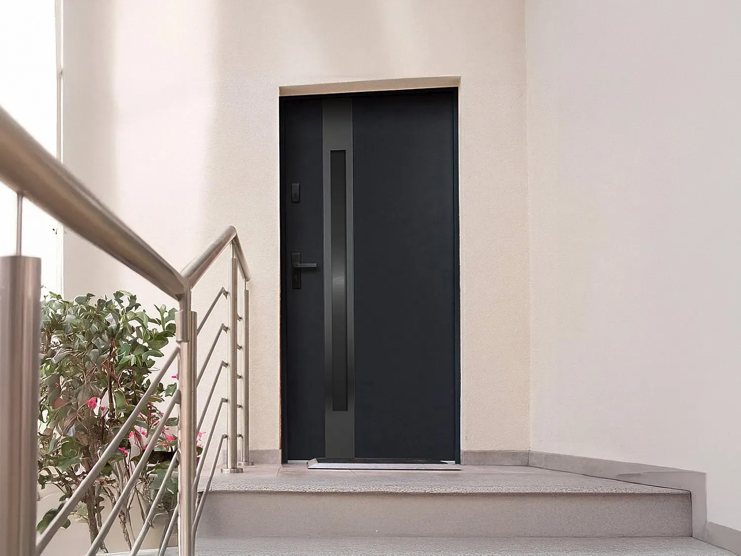 Eingangstür aus Stahl, voll und Edelstahl H207 x B100 cm - Rauchglas - schwarz und anthrazit - Stärke 55 mm - DIN rechts - BRAGA
