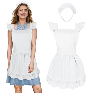 aspire Latzschürze Weiß Rüschen Retro Schürze mit Stirnband Servierschürze Set für Cosplay Party