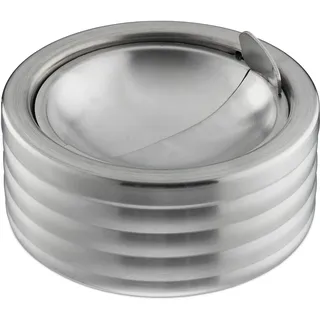 Relaxdays Windaschenbecher, Klappdeckel, draußen & drinnen, rostfreier Edelstahl, runder Ascher, HxD: 5,5 x 11,5, Silber