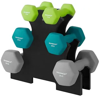 Songmics Kurzhantel Set Hexagon mit Hantelständer 2 x 1 kg, 2 x 2 kg, 2 x 3 kg limettengrün, aquamarin, grau