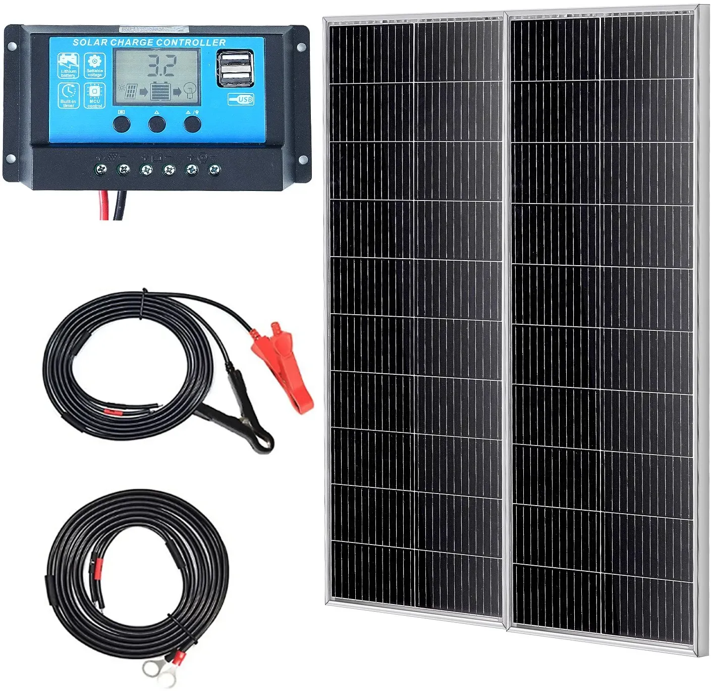 VEVOR 200W Solarpanel 2er-Set 12V monokristallinen Solarmodul plus Laderegler 16,66A Solaranlage Umwandlungsrate von 23 % Kompatibel mit AGM-, GEL-, FLD-, LI-Batterien Ideal für Wohnmobile Yachten Zuh