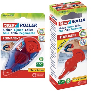 tesa Roller Kleben Permanent ecoLogo - Nachfüllbarer Kleberoller mit reißfestem Band und doppelseitigem Klebefilm - lösungsmittelfrei - 14 mx8,4 mm & Kleberoller permanent Nachfüllkassette, 14mx8.4mm