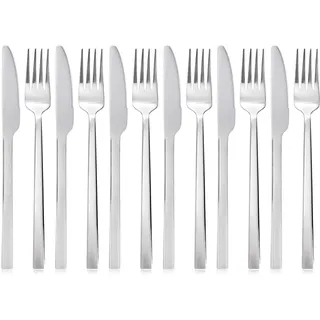 QUCHER 12 Stück 18/8 Besteckset aus Edelstahl, 6 × Tafelmesser - 6 × Gabel, pflegeleicht und spülmaschinenfest