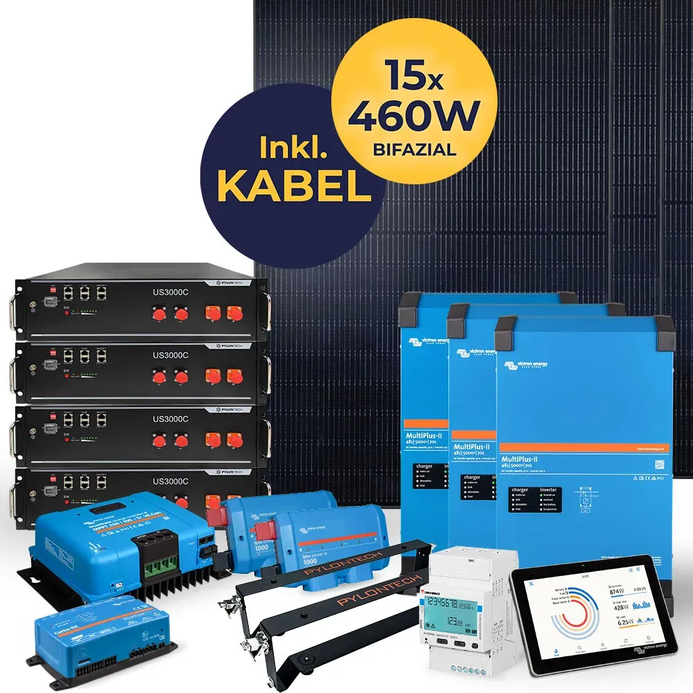6,9 kW Photovoltaikanlage mit Speicher 14,2 kWh | HUSATECH SunnyHome L | - 3-phasig mit Victron MultiPlus II 48/3000/35-32 + MPPT 250/100 + 14,2 Pylontech US3000C