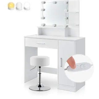 Juskys Schminktisch Zoey mit LED & rundem Drehhocker Tonia - Spiegel, Schublade & Schrank - Weiß