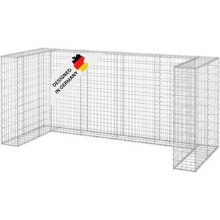 DELUKE® 3er Gabionen Mülltonnenbox ESOL | 110x254x100cm| Mülltonnenverkleidung für 3 Tonnen Gabionenwand Müllbox aus Steinen Mülltonnenschutz - Silber