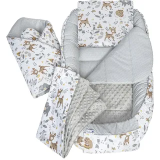 Medi Partners Babynest Nestchen Baby Set für Neugeborene - 100x60x15 Kuschelnest 5 teilig tragbar Nest zweiseitig Babynestchen Bett 100% Baumwolle (REH mit Grauem Minky)