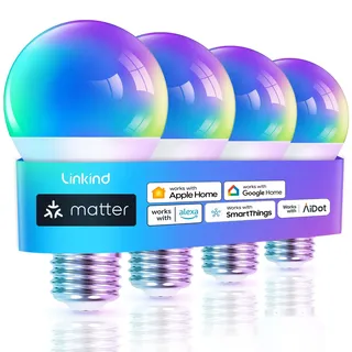 Linkind Matter Smart RGBTW Lampe, Wifi E27 Alexa Glühbirne, 1800-6500K Mehrfarbige WLAN Intelligent Birne, Musik Sync, Kompatibel mit Siri/Google Home/SmartThings, 800 Lumen, ersetzt 60 Watt, 4 Stück