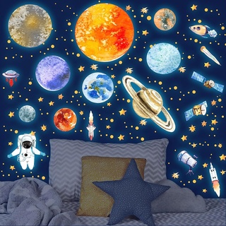 Wandsticker Leuchtaufkleber 9 Planeten Leuchtsterne Astronaut Planet Leuchtsticker Wandtattoo Leuchtend Sterne Sonnensystem Fluoreszierend Wandaufkleber für Kinderzimmer Dekorative Aufkleber Blau