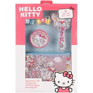 Joy Toy Hello Kitty 5 teiliges Accessory Set: Beautytäschchen, Bürste, Spiegel und 2 Haargummis mit Schneekugel Effekt - in Geschenkpackung 30x4x34 cm