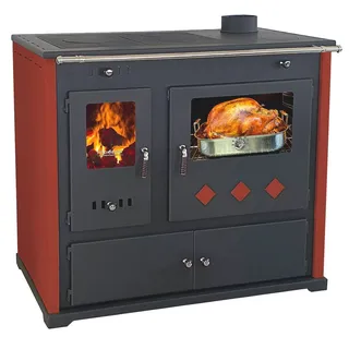 Prometey EEK A+ Kaminofen mit Backfach und Herdplatte Pracktik Lux Rot Holzofen 9,5 kW Kamin Ofen Dauerbrandofen Werkstattofen Schwedenofen Hüttenofen Heizofen