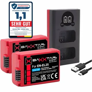 Baxxtar Pro 2X EN-EL25 Akku 1350mAh (V1 Schutzgehäuse NTC Sensor) mit Ladegerät LCD DUAL (USB-C/MicroUSB) kompatibel mit Nikon EN-EL25a Z30 Z50 Z50II ZFC Z FC 30 50 50II EN EL25 EL25a ENEL25