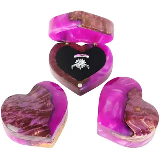 Loongresinwood Herzförmige Ring-Geschenkbox, personalisierte Holz-Ringbox, Verlobungsringbox, Ringschatulle mit Doppelschlitzen, Hochzeit, Antrag, Geburtstag und Jahrestag, Schmuckbox (lila)