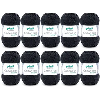 Gründl Wolle Cotton Fun - Wolle zum Häkeln - Strickgarn - Häkelgarn - Pflegeleicht und hautfreundlich - 100 % Baumwolle - 10 Knäuel 50 g / 115 m - Nadelstärke 3 - 4 - Schwarz