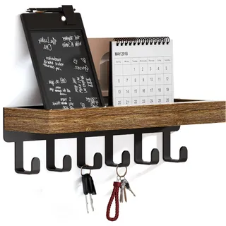 SWTYMIKI Schlüsselbrett mit Holztablett und 6 Haken - Multifunktionales Schlüsselhalter/Schlüsselboard, Schlüsselbrett mit Ablage für Flur, Schlafzimmer & Küche, Hängen Küchenbesteck