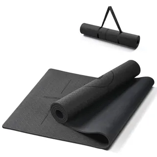 Ellylife Yogamatte Rutschfest 190x68CM, 8MM Dicker aus ECO Naturkautschuk & Hautfreundliches TPE, Ausrichtungslinien, Einzigartiges Design, Inklusive Tragegurt Schwarz