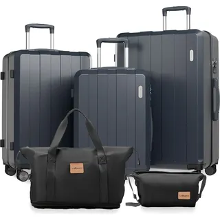 VALLSERO Trolleyset Koffer-Set(M,L,XL) + Schulranzen, Kosmetiktaschenset Hartschalen-Koffer, Rollkoffer Hartschalen Trolley , Handgepäck Schwarz... - Schwarz
