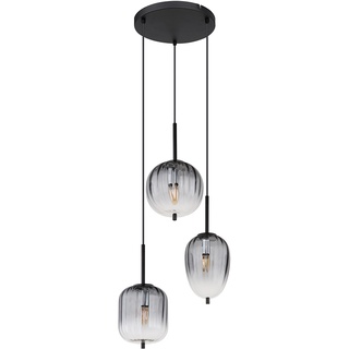 GLOBO Hängeleuchte Pendellampe Deckenlampe Wohnzimmerleuchte Esszimmerlampe, Metall schwarz Glas rauchfarben, 3 Flammig E14, H 120 cm