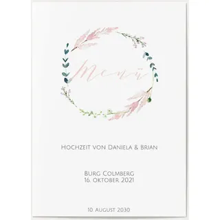 Menükarten zur Hochzeit selbst gestalten - Aquarell Blumenkranz - Weiß | Wunderkarten.de