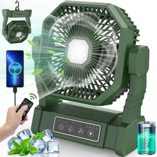 Camping Ventilator mit LED-Licht, Wiederaufladbarer Akku Fan mit Haken & Fernbedienung, 4 Geschwindigkeiten, Powerbank, Timer, USB Tischventilator für Outdoor Stromausfall Hurricane Angeln Reisen Grün