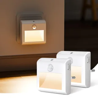 2 Stück Nachtlicht Steckdose, LED Nachtlicht mit Bewegungssensor und Dämmerungssensor, Helligkeit Dimmbare, Auto/Ein/Aus Modi, Warmweiß Steckdosenlicht für Flur, Treppe, Schlafzimmer,Gang, Küche