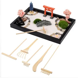 Belle Vous Japanische Deko Mini Zen Garten Set - 20 x 28 cm - Miniatur mit Zen-Sand, 6 Werkzeugen & 11 Funktionen - Heim-, Büro- & Schreibtischdekoration - Meditation Zubehör