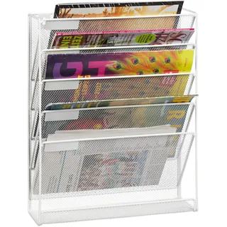Relaxdays Zeitschriftenhalter Wand, A4-Querformat, 5 Fächer, Metall, Dokumentenablage HxBxT 40,5 x 32,5 x 10,5 cm, weiß