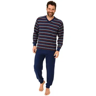 Normann Pyjama Langer Herren Frottee Schlafanzug mit Bündchen Streifenoptik blau 54